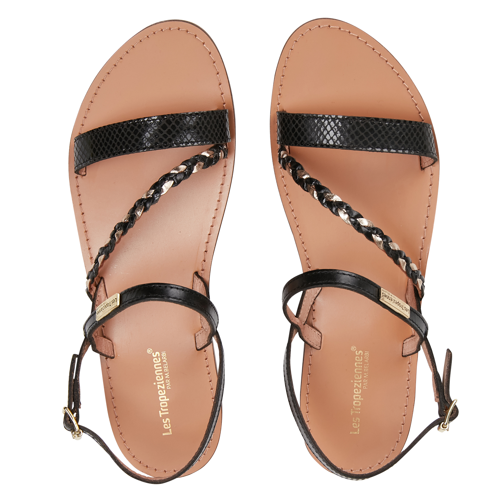BATRESSE - Sandales plates en cuir doré | Noir