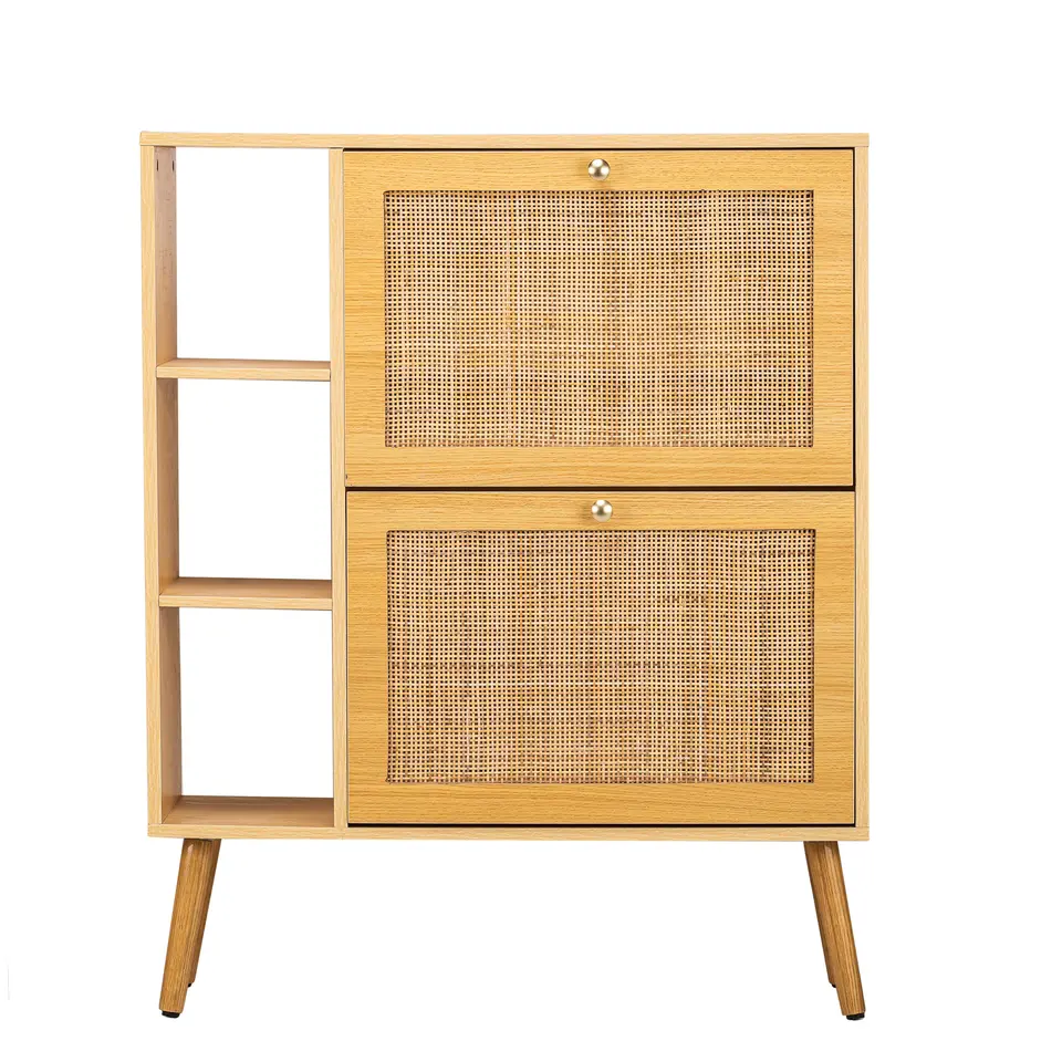 Schoenenkast met 2 laden van hout en rotan