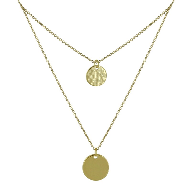 Collier Double Chaine Plaqué Or Médailles Rondes Lisses et Martelées