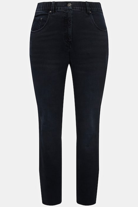 Skinny Jeans, cutted Saum, 5-Pocket, Elastikbund, Zipp-Fly