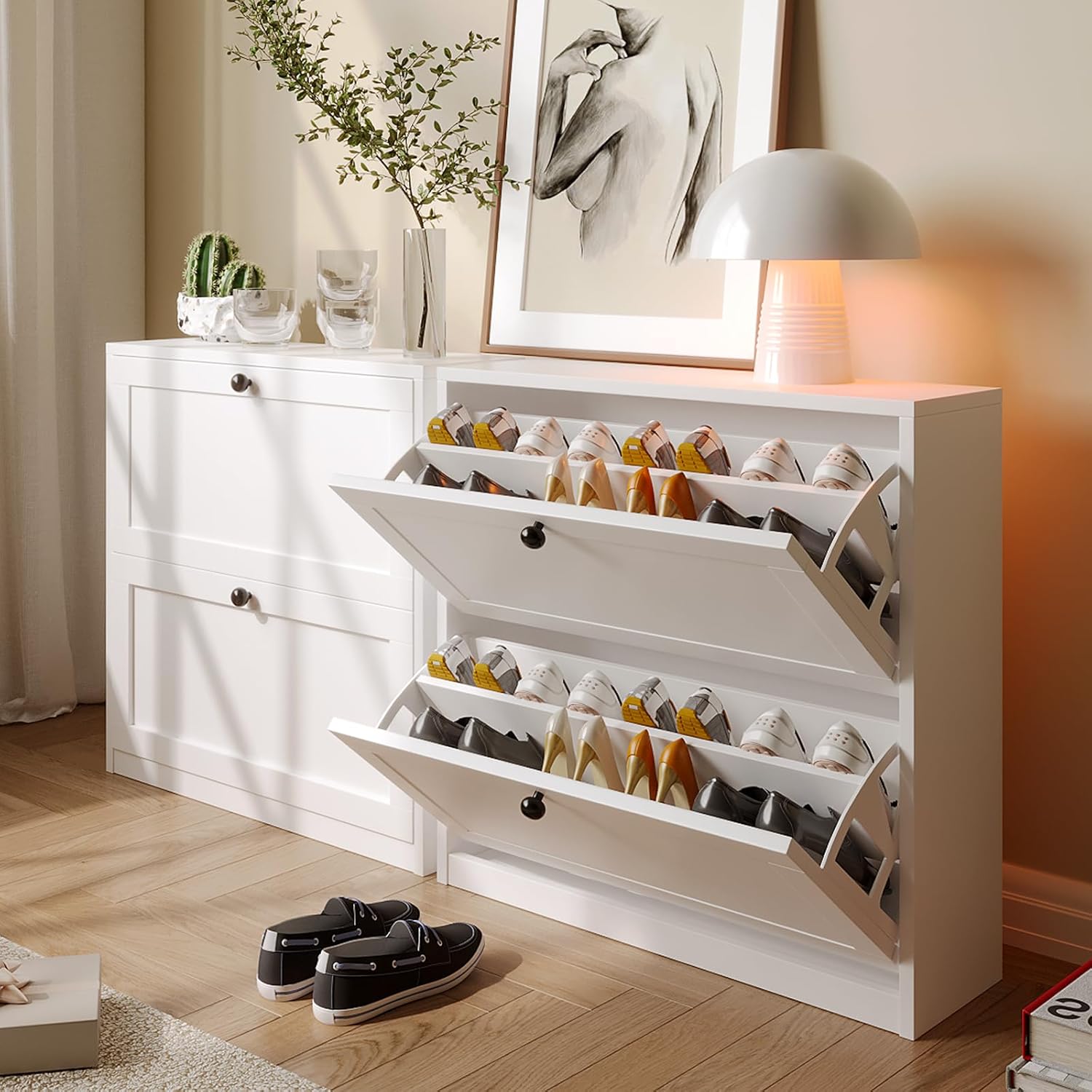 VOWNER Schuhschrank mit 2 Klappen, Schuhregal Schuhkipper Schmal, mit 4 Fächern, Schuhschrank Weiss, Verstellbar, Anti-Kipp-Vorrichtung für Eingangsbereich, Flur, 80 x 24 x 80 cm
