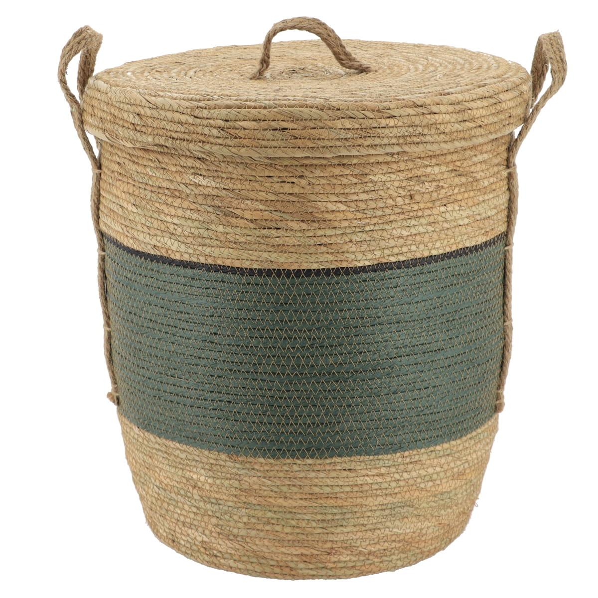 PANIERE PAPIER ET PAILLE AVEC COUVERCLE 37X43CM KAKI NATUREL