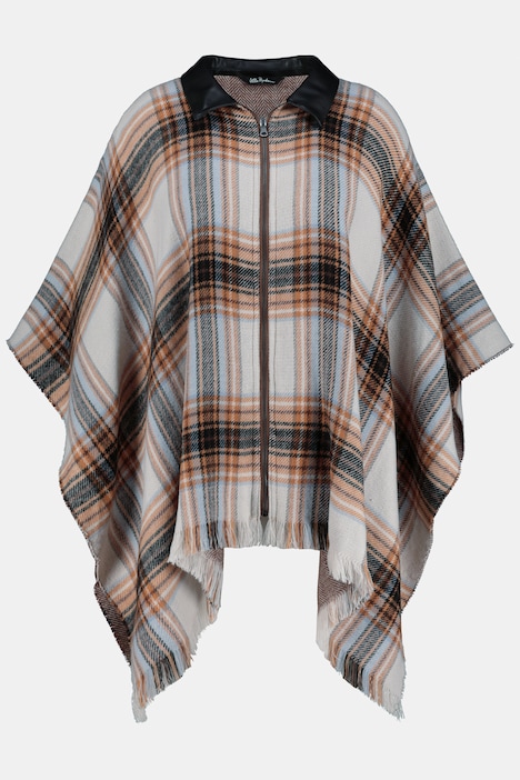 Cape, Karo, Lederoptik-Kragen, Oversized, Fransen
