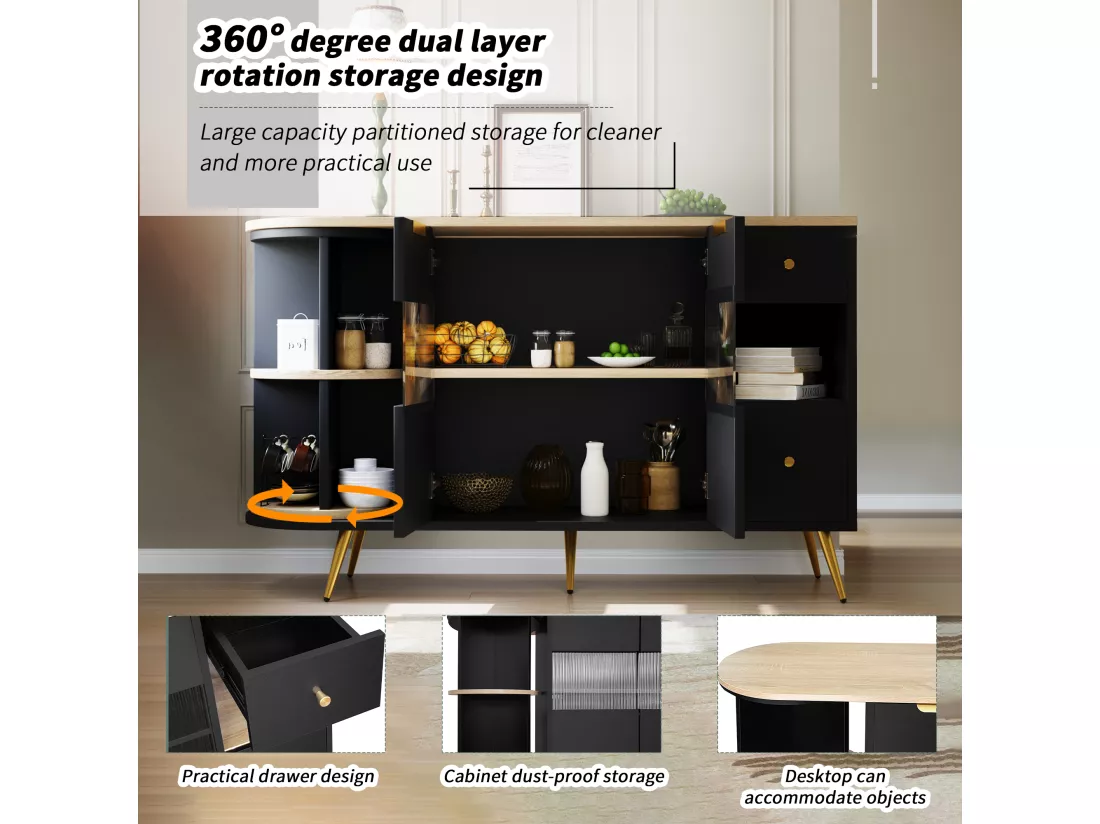 Buffet armoires de rangement effet bois et noir avec 2 portes battantes en verre éclairage LED poignets et pieds dorés RIPHRENS BLACK