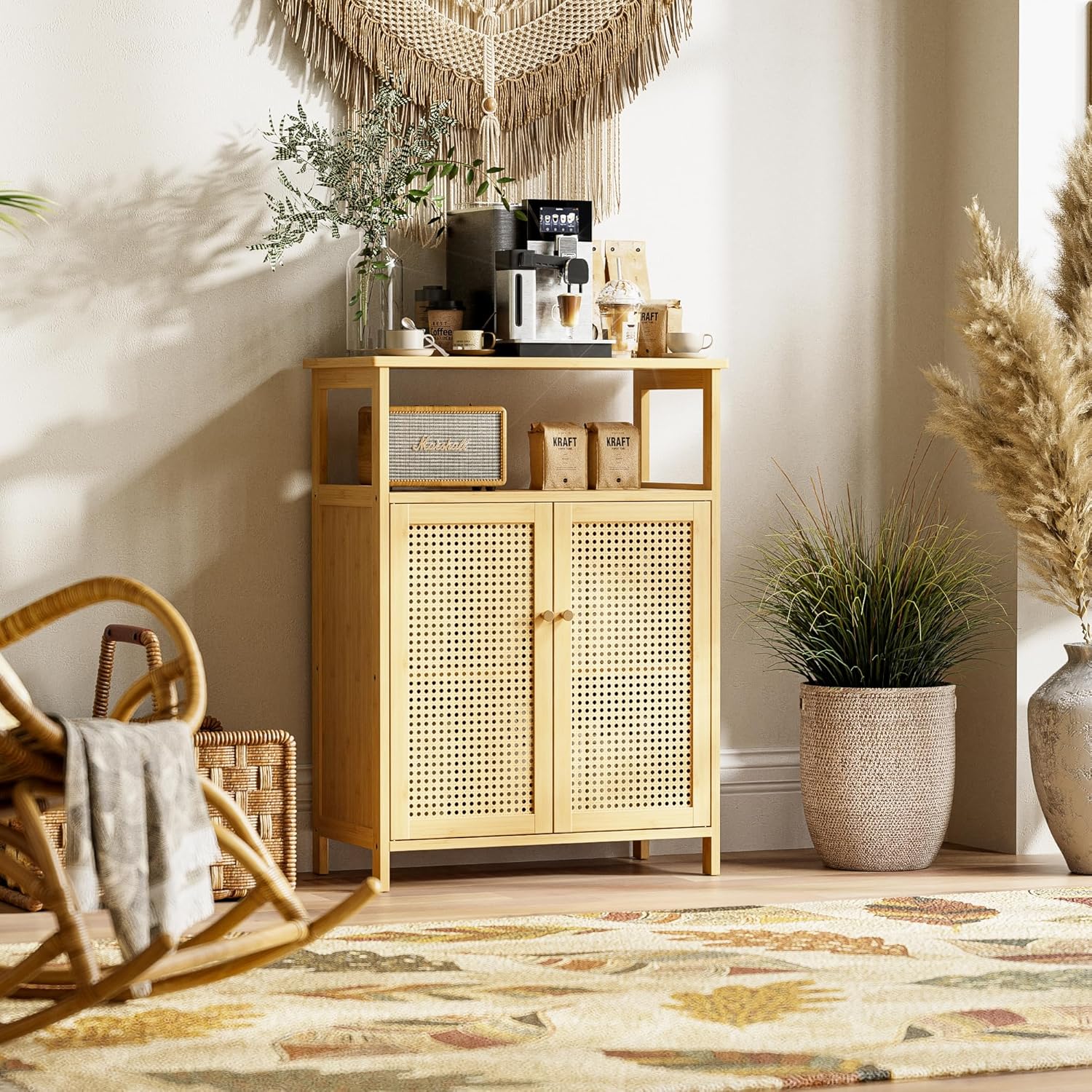 HITNET Rattan Badezimmerschrank, Bambus Badschrank mit Doppeltür, Freistehender Bodenaufbewahrungsschrank Seitenorganizer für Bad, Küche, Wohnzimmer, Natur