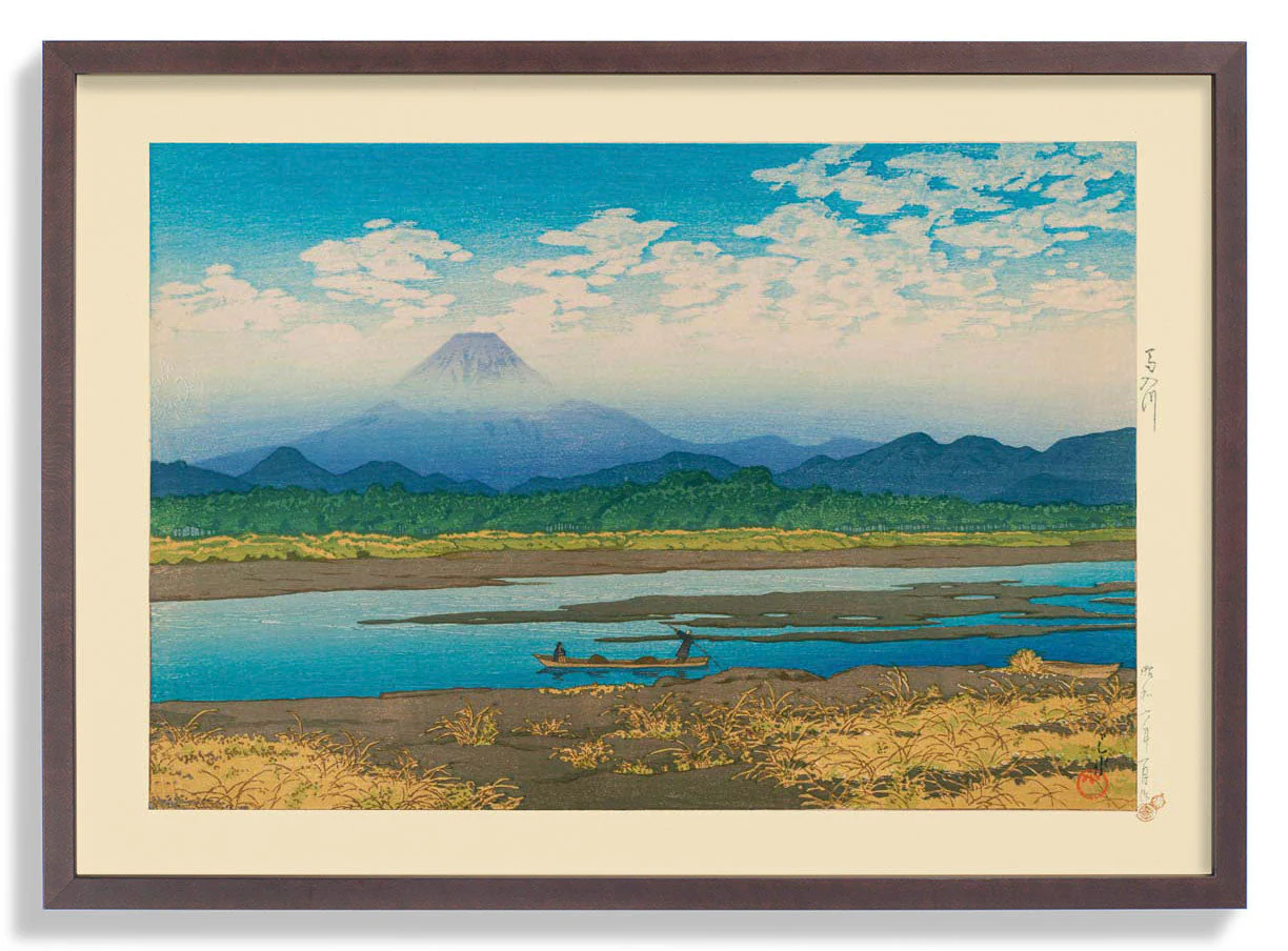 Mt Fuji vom Fluss Banyu aus gesehen Kunstdruck von Hasui