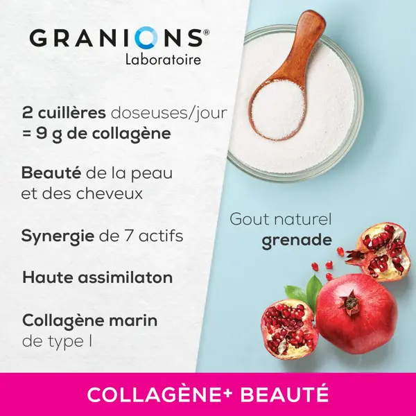 Granions Collagen Beauty+ - Pacote com 2 sachês de colágeno marinho hidrolisado tipo I em pó, sabor romã, tratamento de 2 meses.