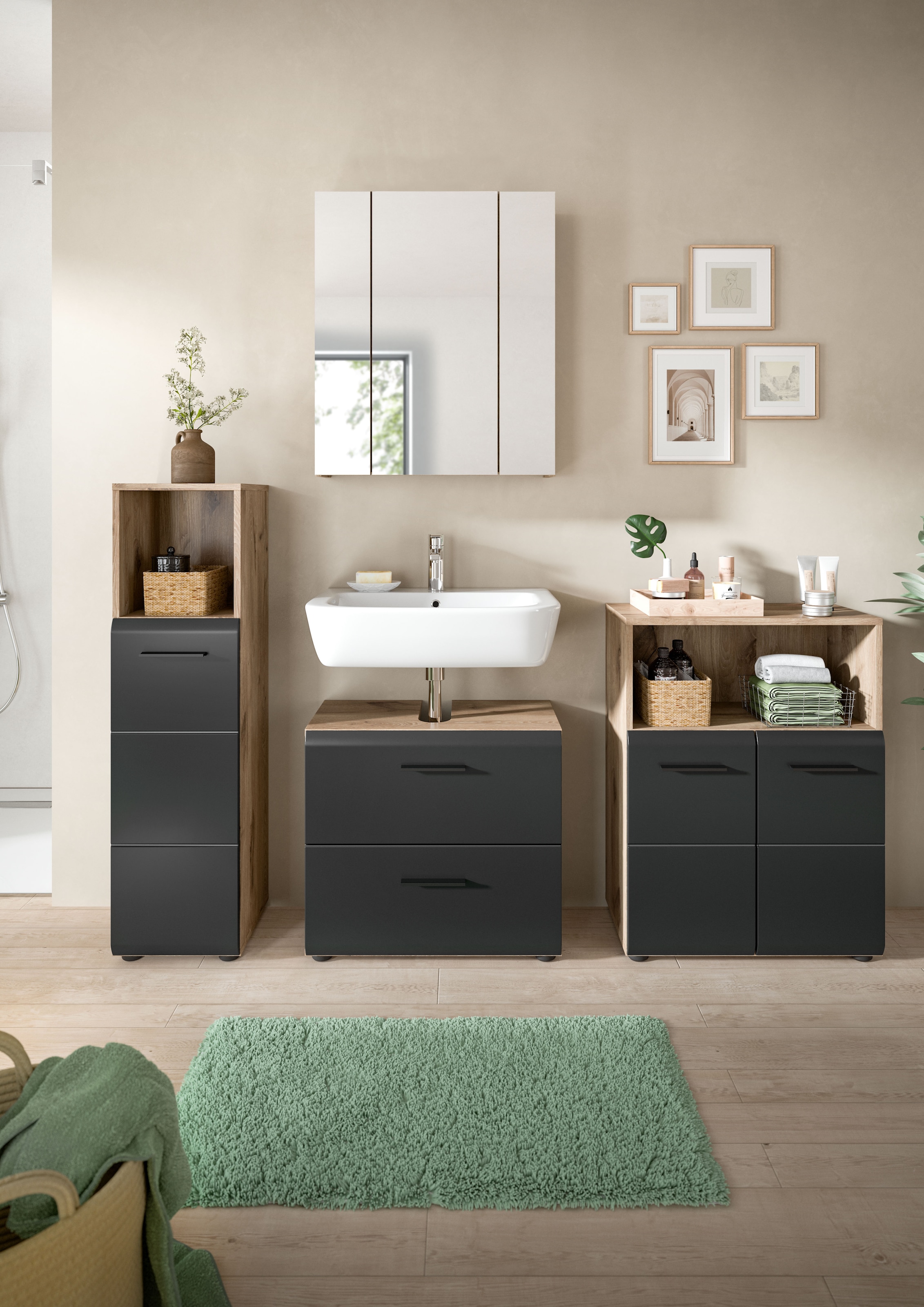 INOSIGN Badmöbel-Set »FLORENZ, TOPSELLER!, 4-teilige Badkombination, hochwertige MDF-Front« Set, Midischrank hoch, WBU, Spiegelschrank, Midischrank breit, 4 Stk. tlg.