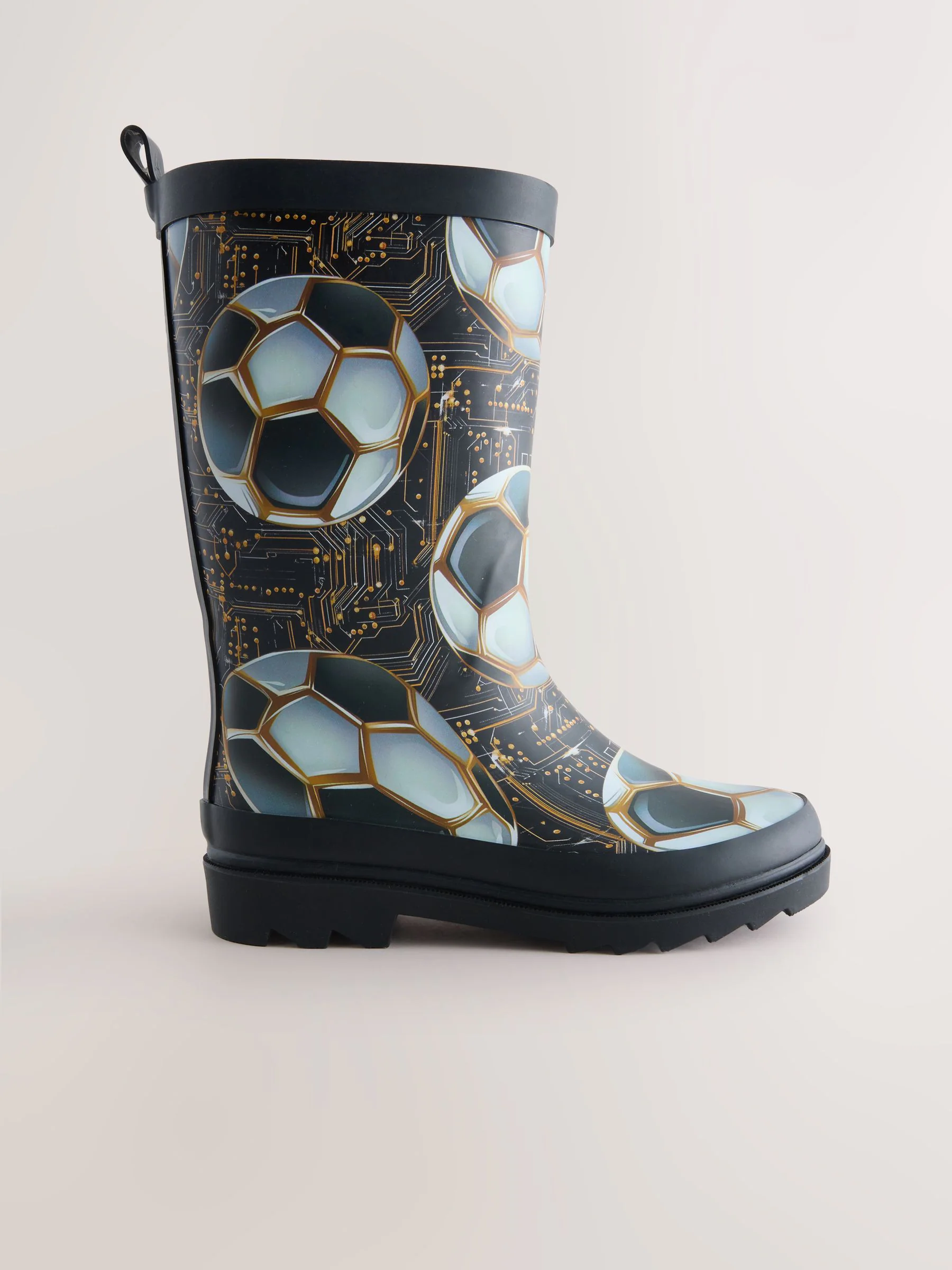 Zwart met goudkleurige voetbal - Rubberen regenlaarzen
