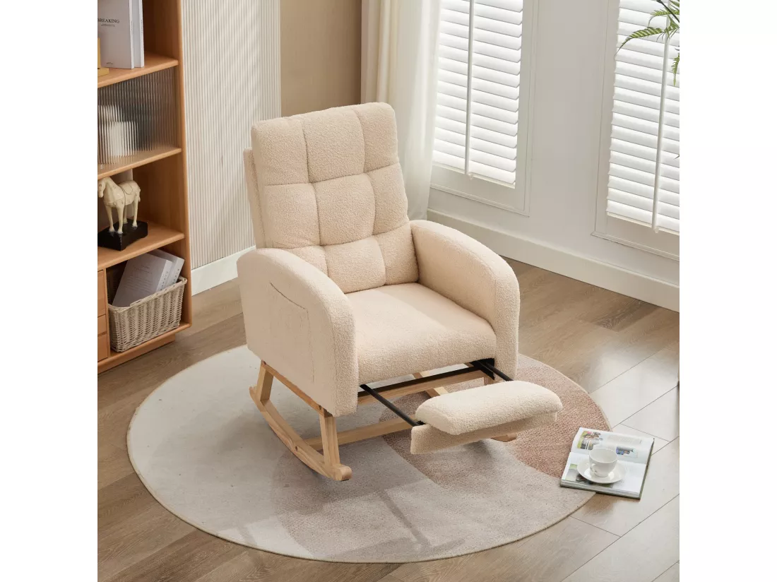 Fauteuil à bascule en velours teddy avec repose-pièds et accoudoirs - 132 x 50 x 99 cm - Structure en bois massif - Beige