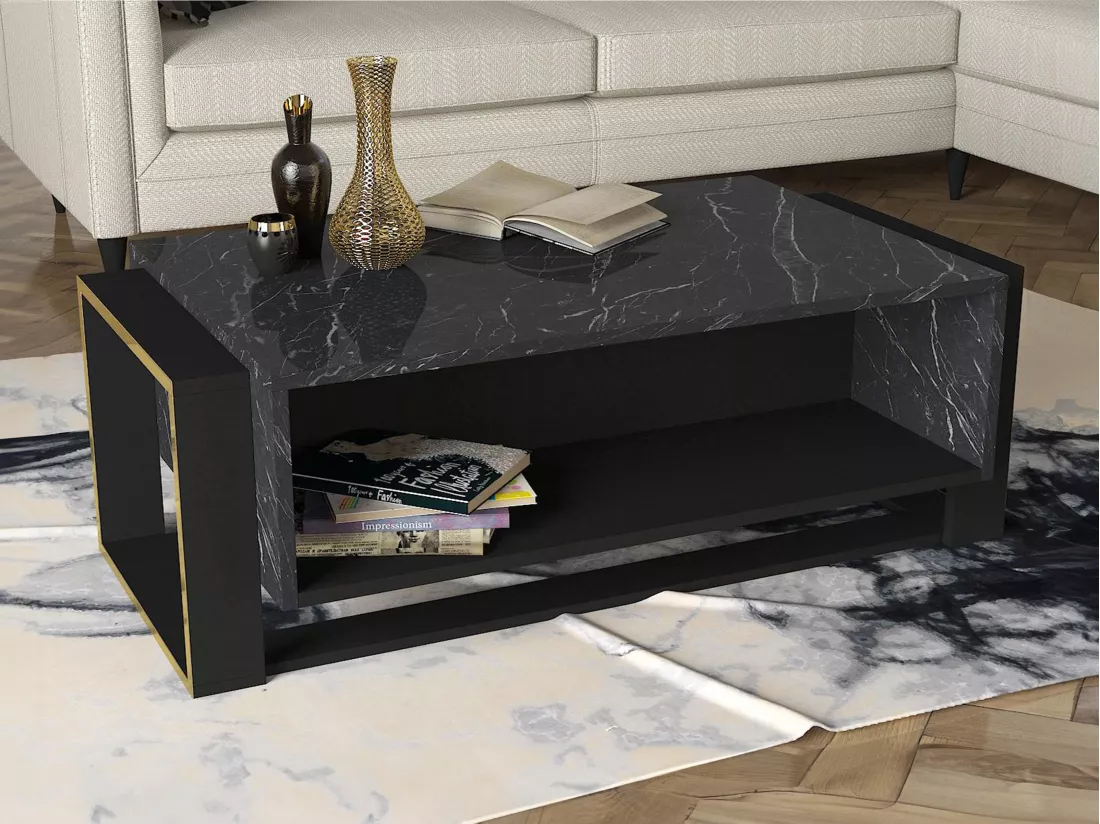 Table basse avec 1 niche - Effet marbre noir et doré - COMEBI
