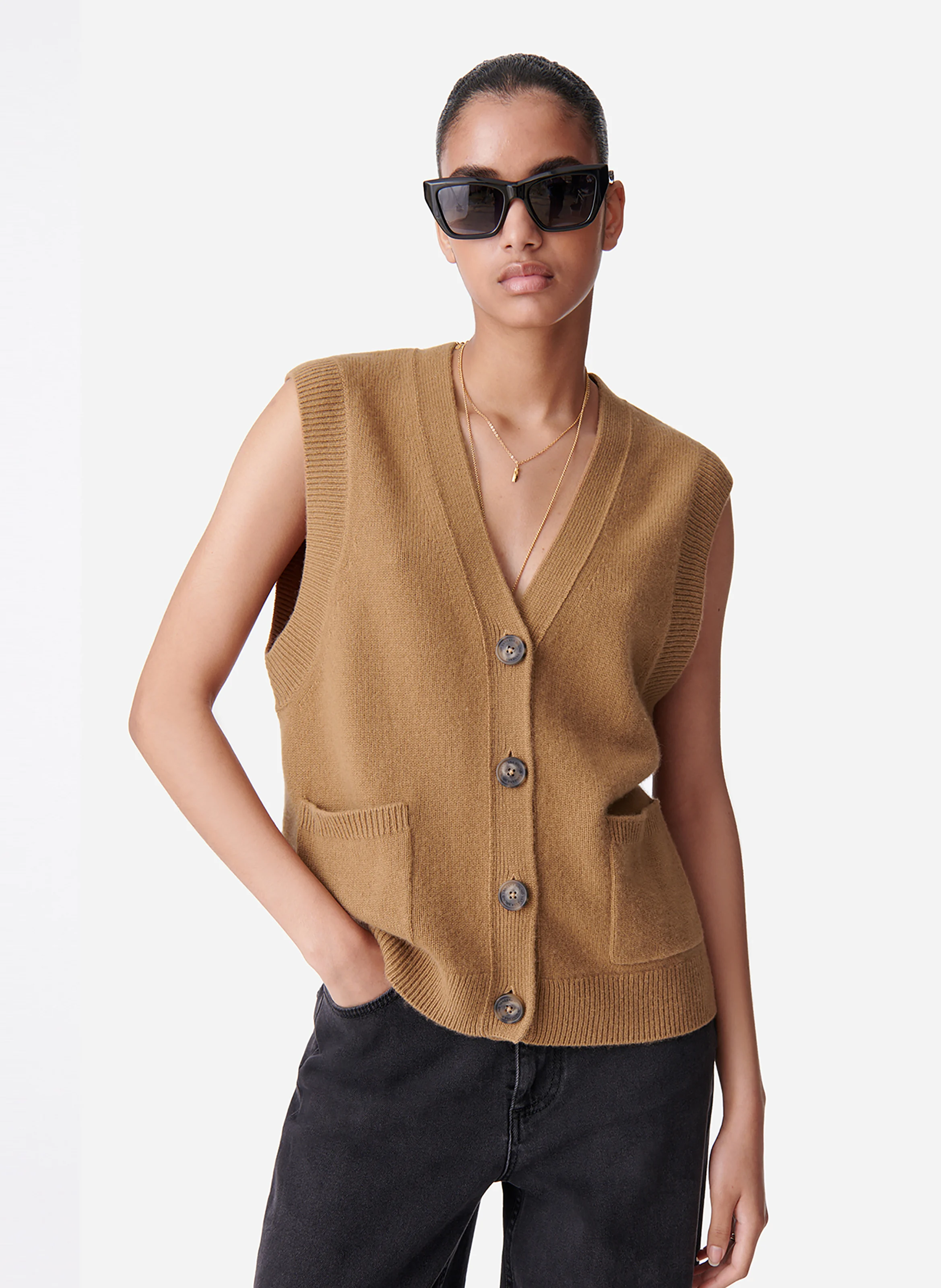 DASHLEY - Gilet droit col V en laine | Marron