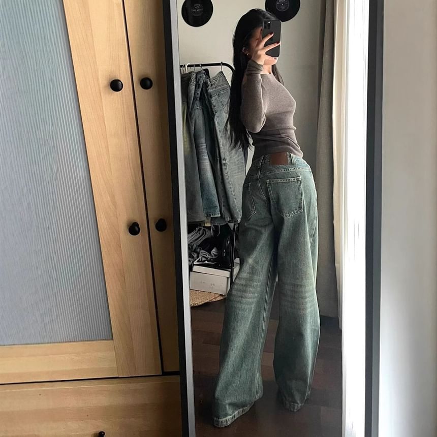 Jerolenea - Mid Waist Washed Wide Leg Jeans