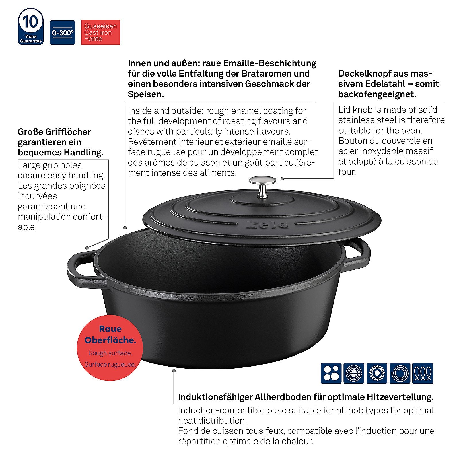 Braadpan Gietijzer Ovaal Zwart, 33 cm x 26 cm- Kela | Calido