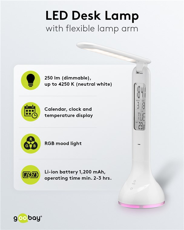 6in1 LED Schreibtisch Lampe Dimmbare Tischleuchte mit Uhr / Kalender / RGB Stimmungslicht / Temperatur / Wecker (55494) - Weiss