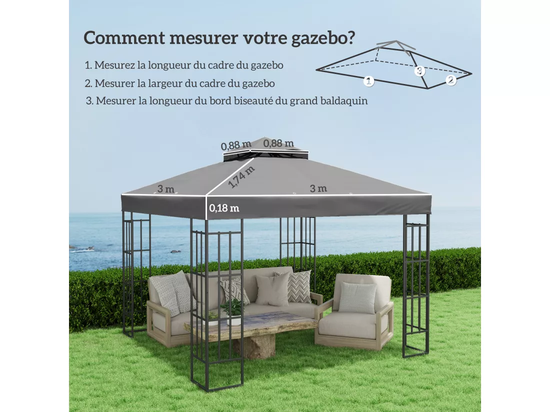 Toile de rechange barnum tonnelle 3 x 3 m - toit double avec œillets drainage - polyester haute densité 370 g/m² gris