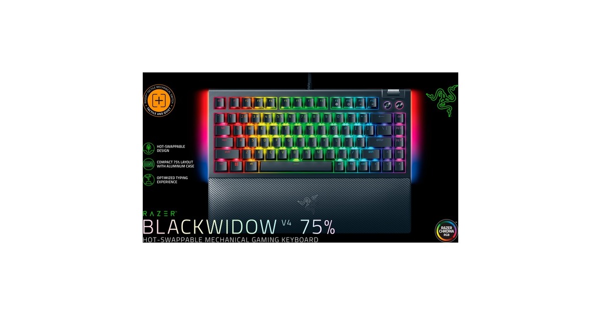 RazerBlackWidow V4 75%, gaming toetsenbord  (Zwart, US lay-out, Razer Orange, RGB leds, TKL, Doubleshot ABS, Hot-swappable)