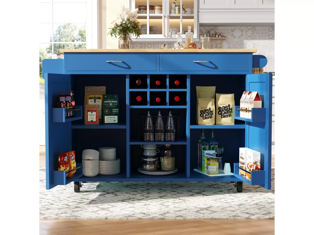 Ilot central de cuisine mobile avec 2 portes et 2 tiroirs - 102x45x92 cm - Bois MDF - Bleu et naturel