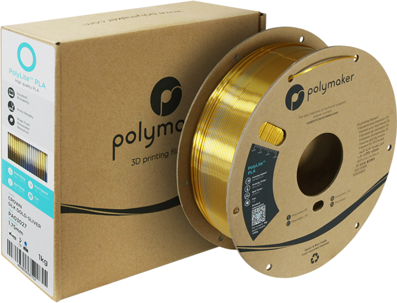 Polymaker  PolyLite Dual Silk PLA Crown Gold-Silver, 1,75 mm / 1000 g    Zweifarbiges PLA-Filament mit seidigem Finish