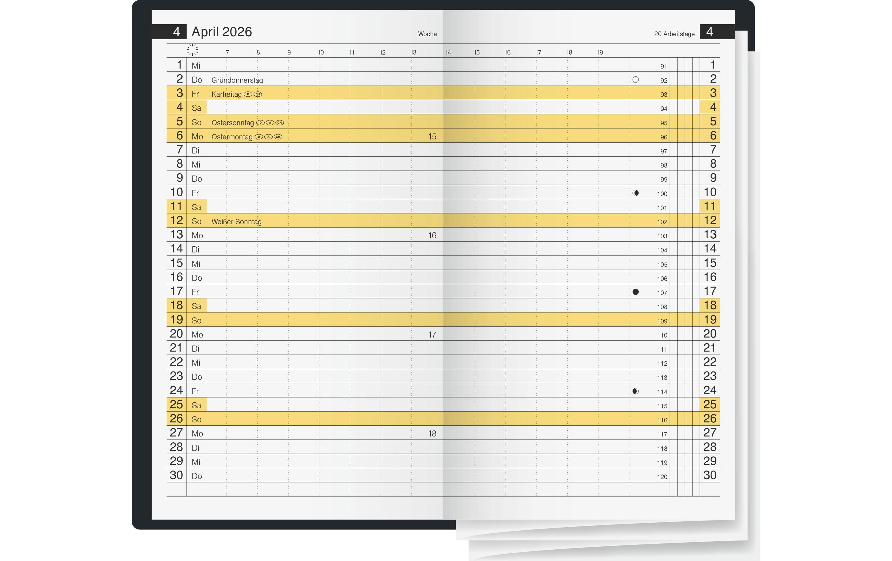 Taschenplaner d15 2026, SchwarzTaschenkalender mit zwei Seiten je Monat