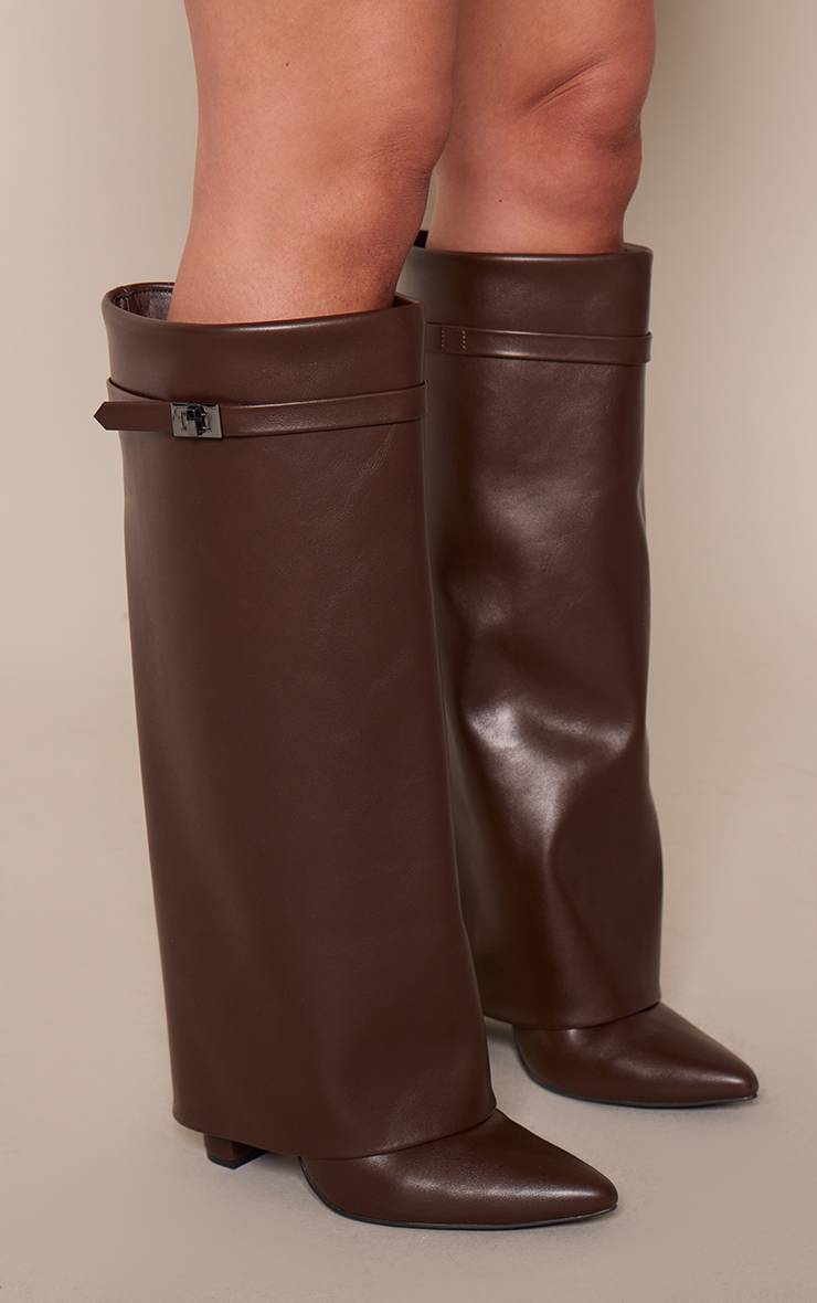 Chocolat Bottes Hautes Au-dessus Du Genou À Bout Pointu Avec Revers Et Talon Bloc Coupe Large
