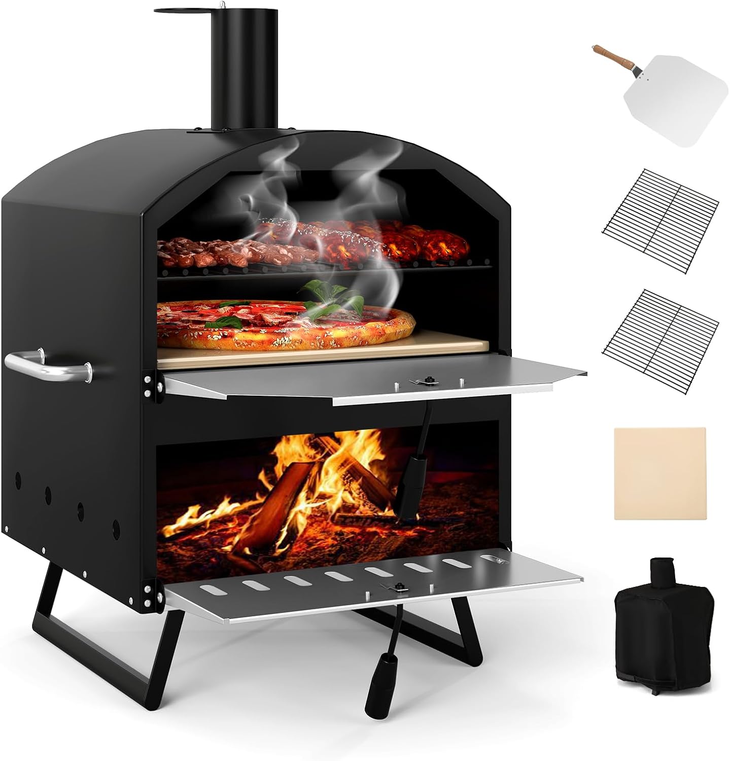 COSTWAY Outdoor Pizzaofen, 2-lagigem Pizza Ofen mit Grillrost, Pizzaschaufel, quadratischem Stein, wasserdichter Abdeckung, tragbarer Brennofen, Holzofen für Camping, Picknick, BBQ-Party