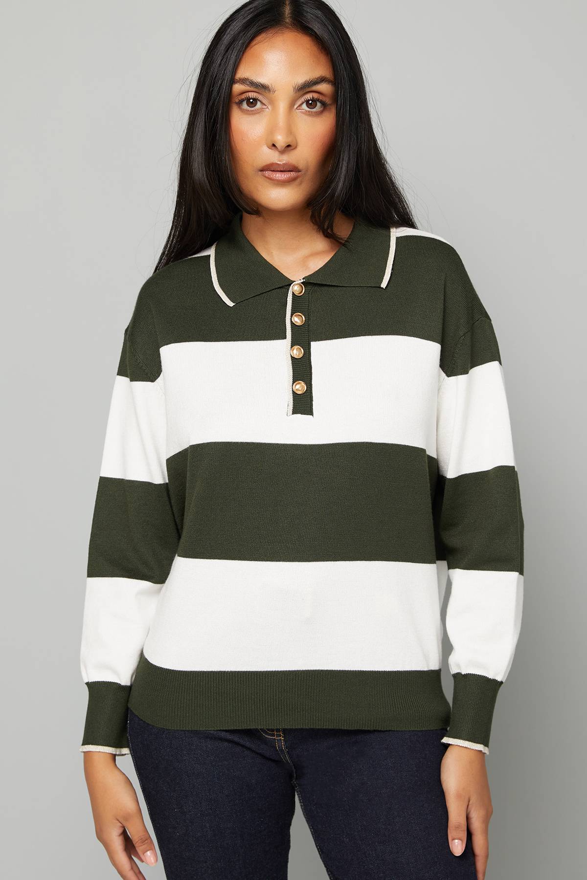Wallis synthétiquell Polo Rayé à Col Petite Khaki