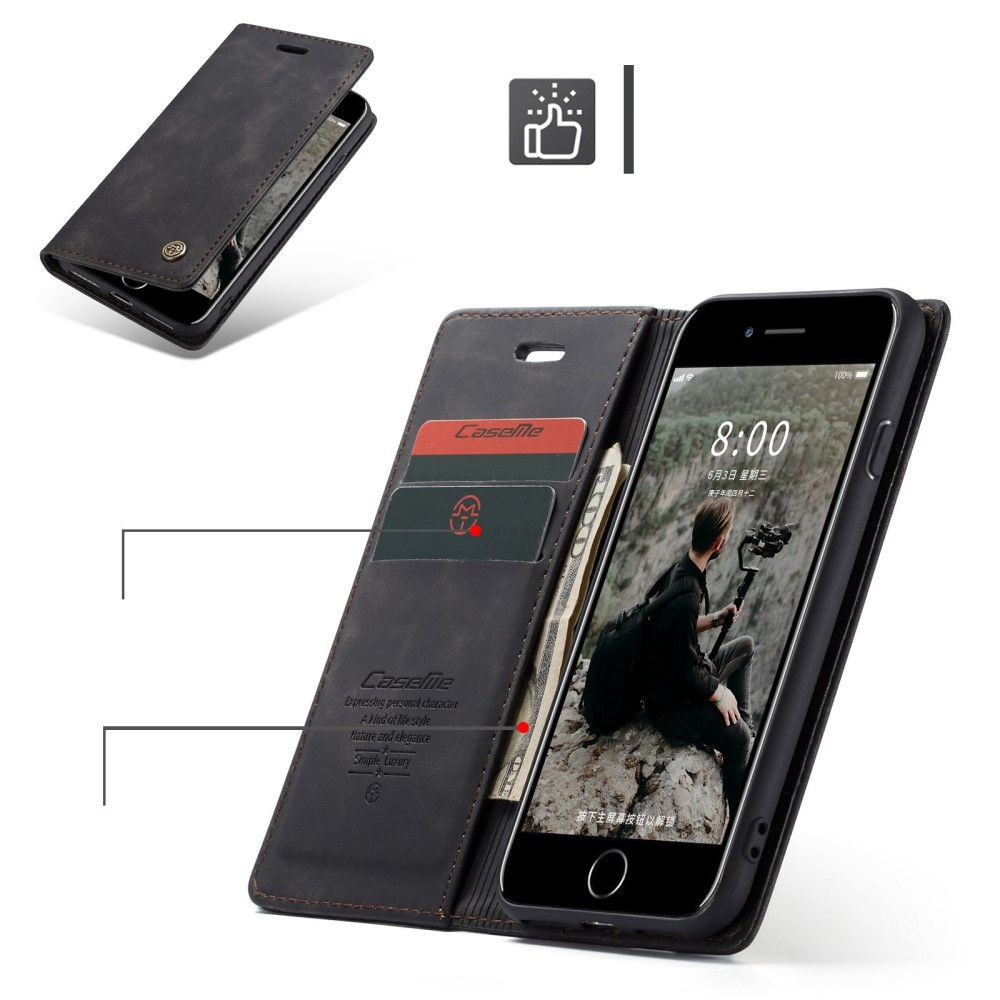 iPhone SE (2022/2020) / 8 / 7 / 6S Leder Tasche Flip Wallet Etui mit Kartenfächern - Schwarz