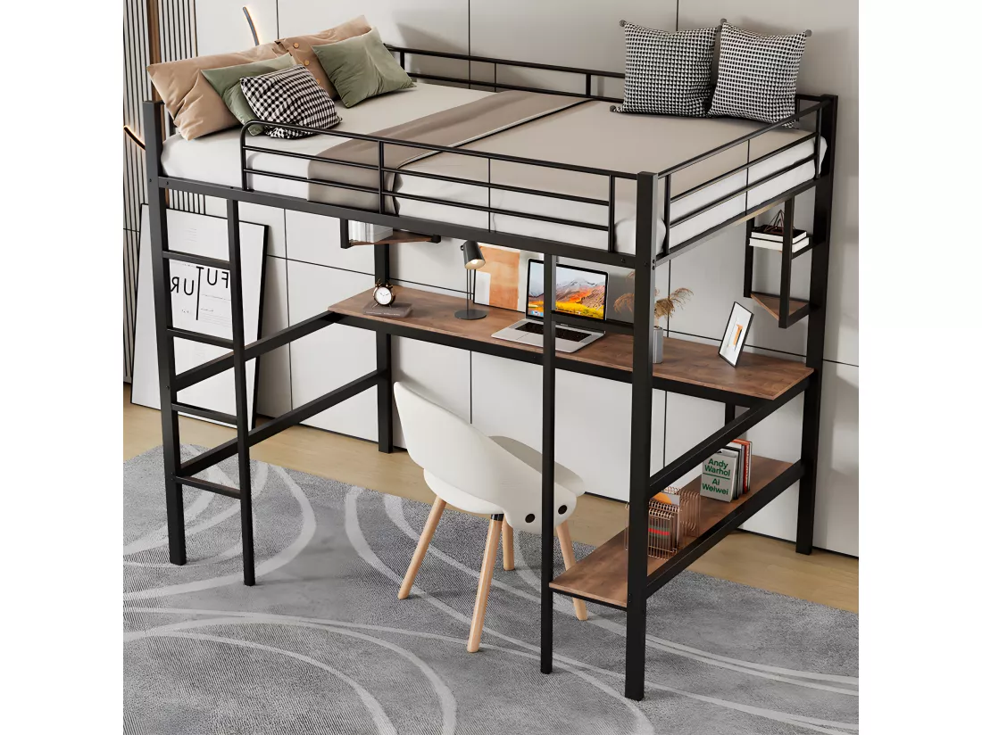 Lit mezzanine en fer - 90x200cm - avec bureau et 5 étagères - Noir