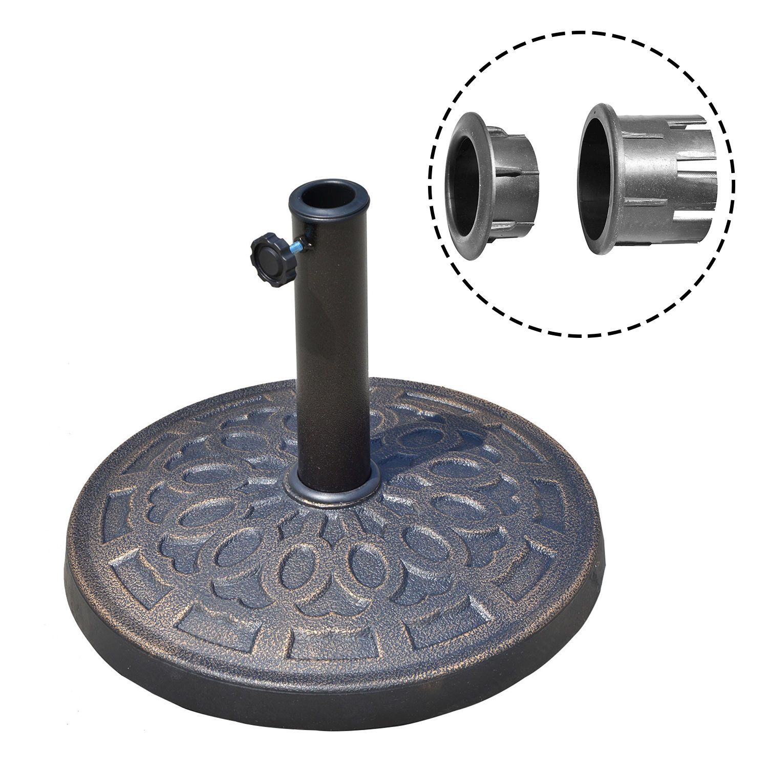 Base para guarda-sol de jardim Outsunny, peso líquido 12 kg, redonda, em resina, para mastros de 38 mm/48 mm, para pátio externo e terraço, Ø44x34 cm, bronze.