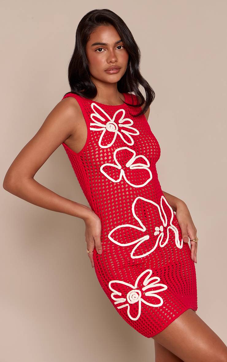 Rouge Robe Mini Moulante En Crochet Avec Détail Floral Contrasté En Cordelette