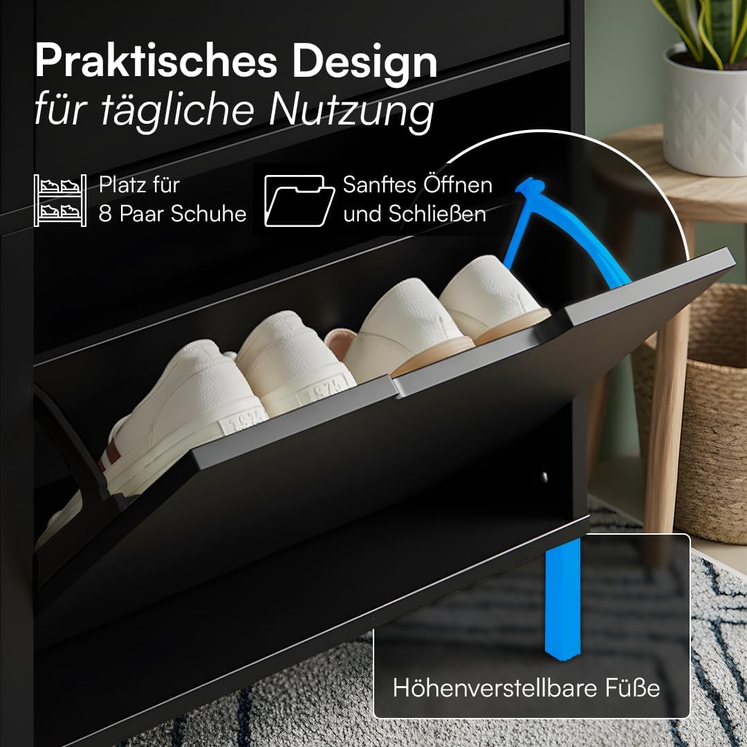 Bellamio Ceyhan Schuhschrank mit 4 Klappen – Schuhkipper schwarz aus Holz – Schuhregal schmal 100x19x90cm – platzsparend Flurschrank mit 4 geschlossenen Fächern – Schuhkommode für Flur/Garderobe