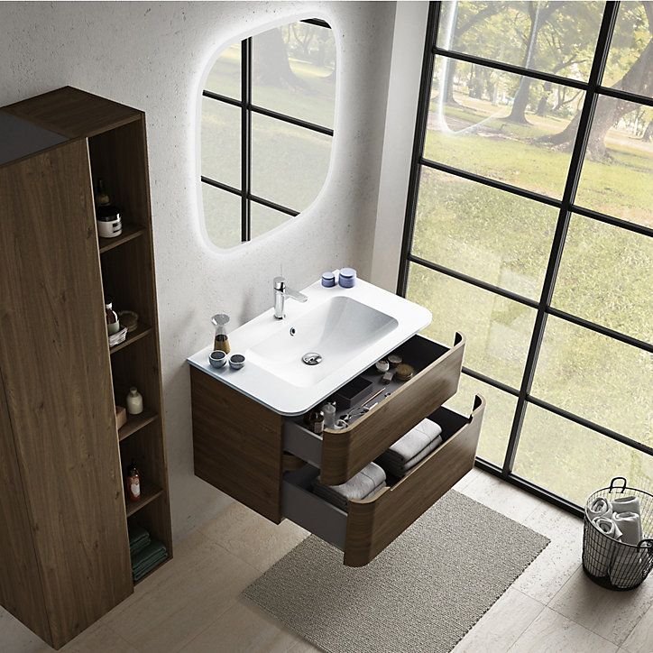 Ensemble salle de bains L. 84 cm meuble sous vasque décor noyer + plan vasque blanc brillant Alba