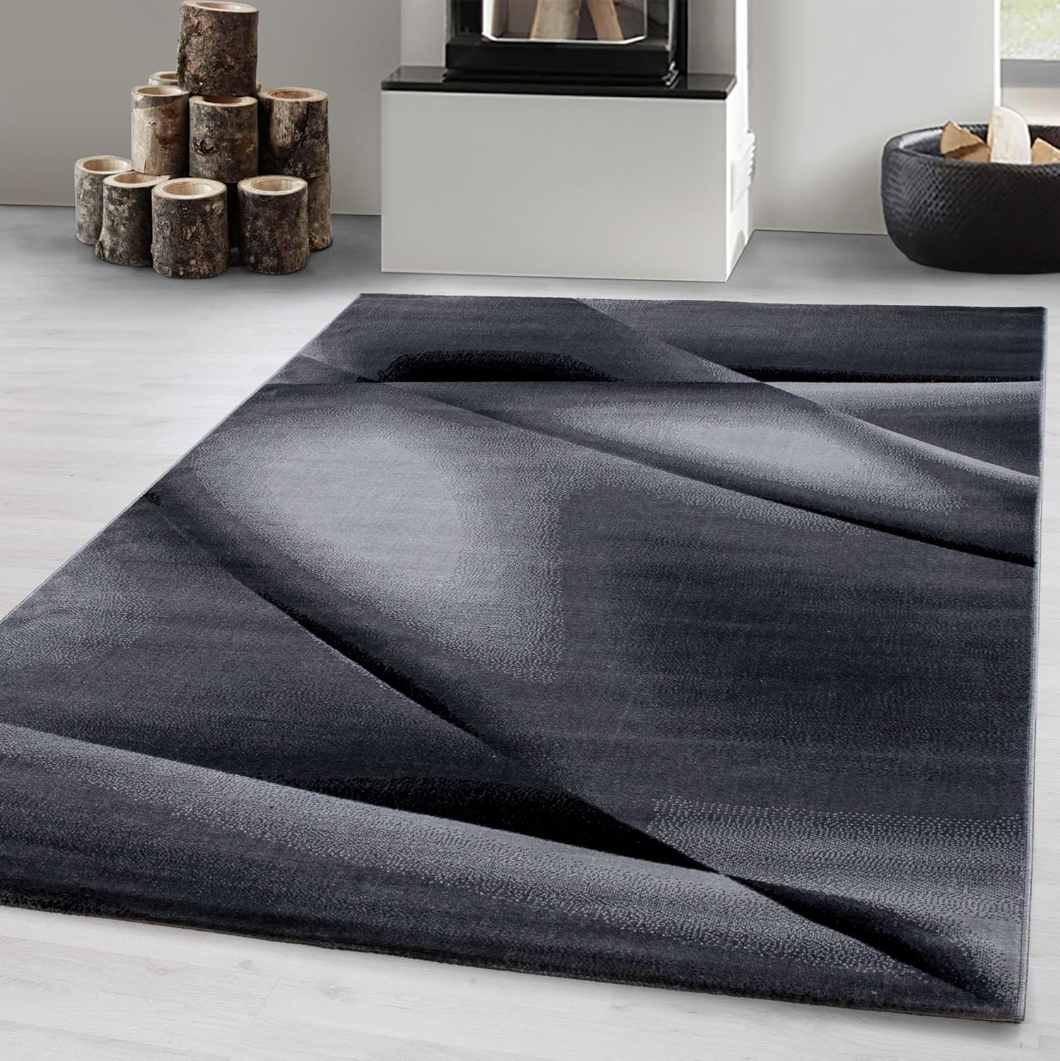 Carpetsale24 Kurzflor Teppich 240x340 cm, Modern Abstrakt Design in Schwarz Grau, Pflegeleicht, ideal für große Wohnräume, Loftbereiche oder Konferenzzimmer