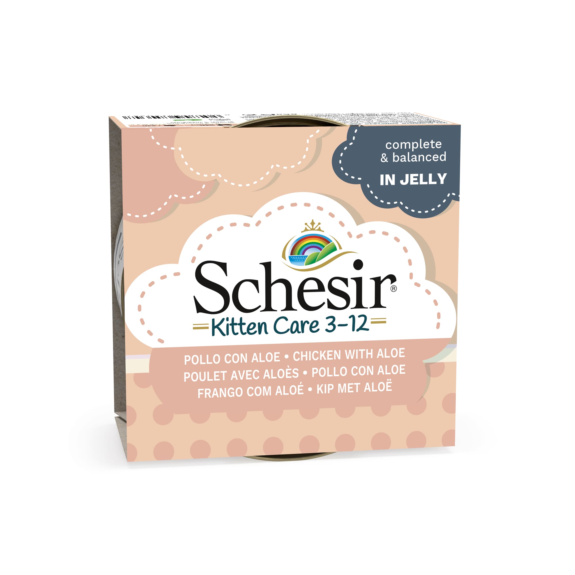 Latas de 85 g de frango com aloe vera da Schesir para gatinhos.