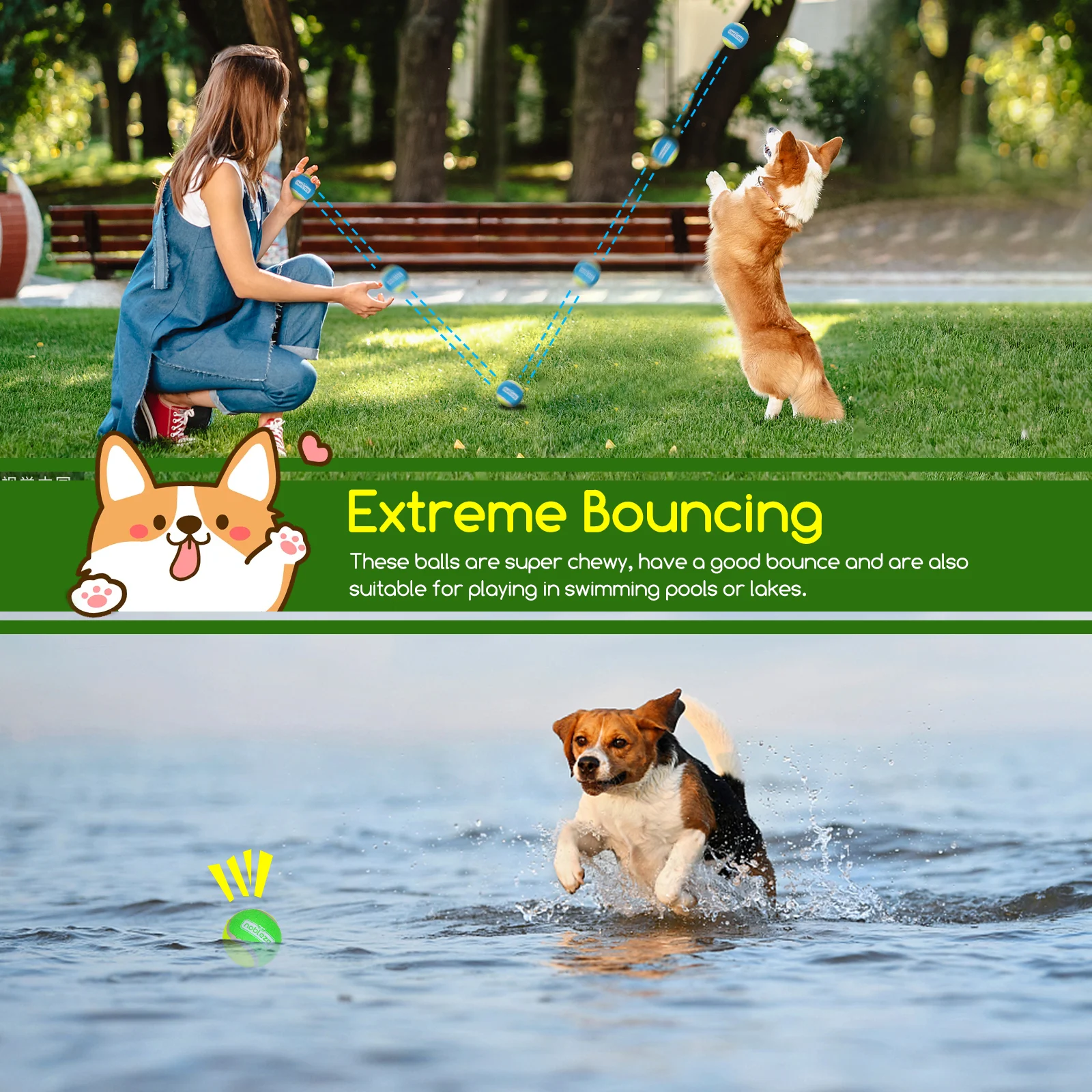 Bolas de brinquedo para cães Nobleza, bola de borracha natural de alta qualidade, bola de tênis, bola de brinquedo saltitante, adequada para cães de pequeno e médio porte - 6,36 cm/pacote com 3