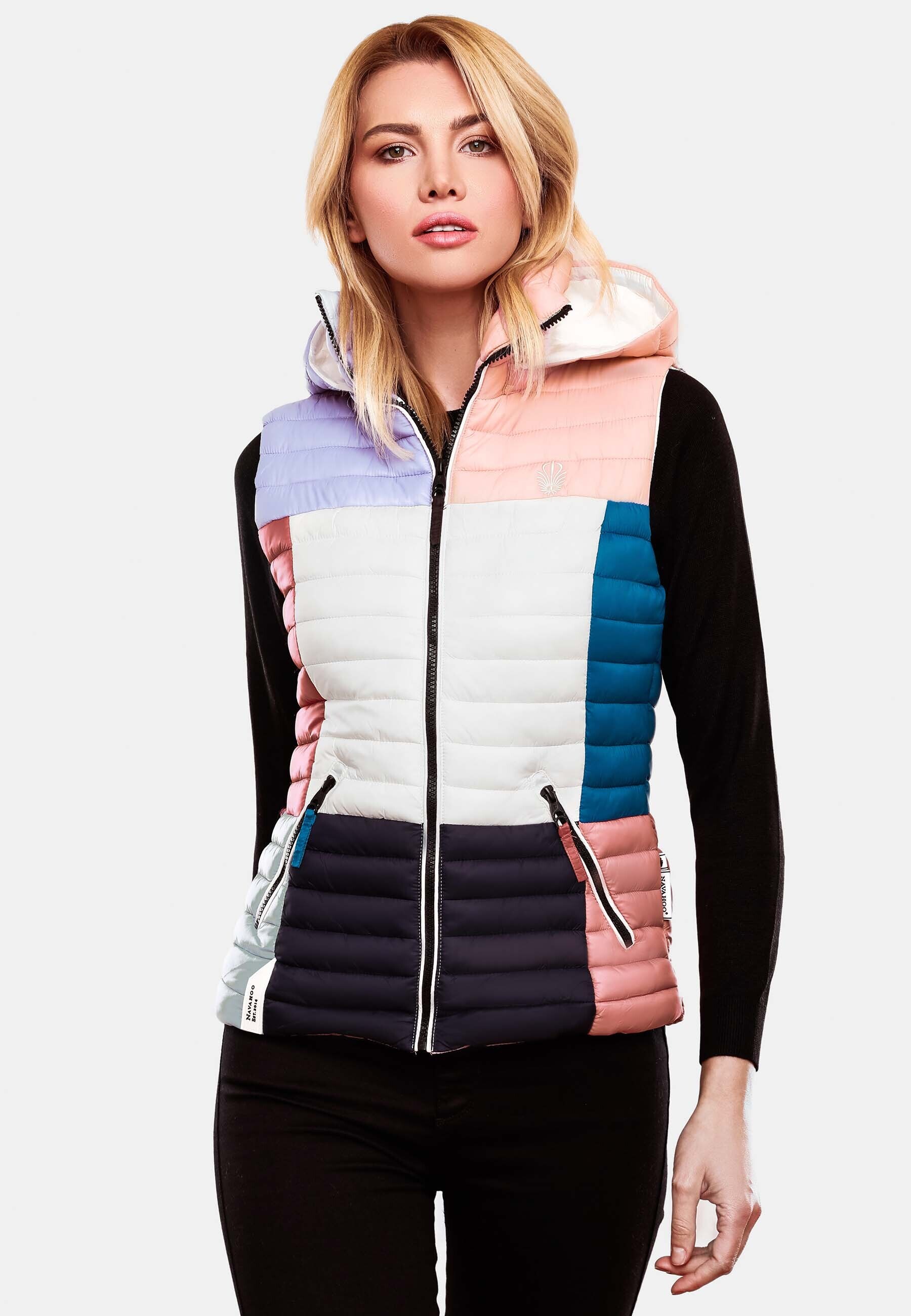 NAVAHOO Damen Steppweste Ärmellose Weste im Colourblocking-Stil und Kapuze Shadaa Multikulti