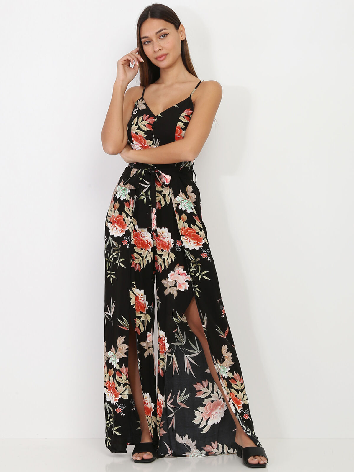 Combinaison fluide fendue à motif floral- Noir