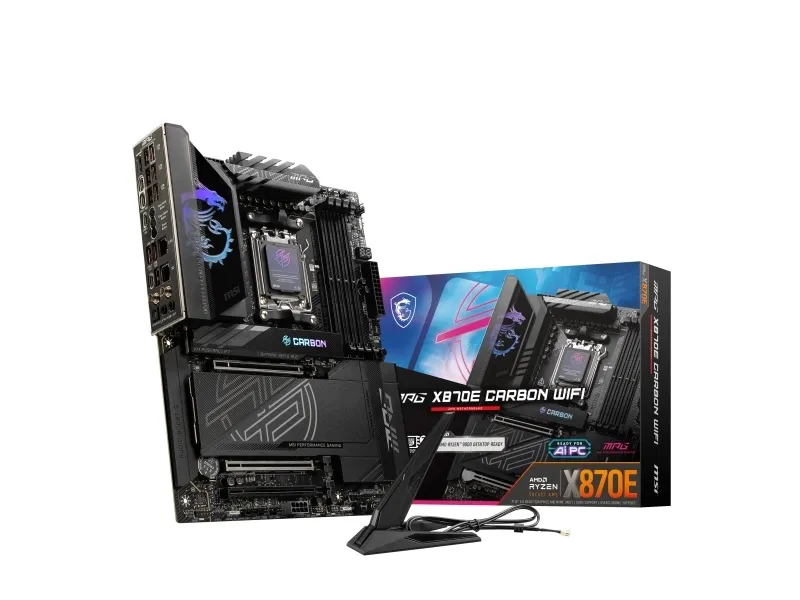 MSI MPG X870E CARBON WIFI - Bundkort - ATX - Socket AM5 - AMD X870E Chipset - USB 3.2 Gen 2, USB4, USB-C 3.2 Gen 2x2 - 2.5 Gigabit LAN, 5 Gigabit Ethernet, Wi-Fi 7 - onboard grafik (CPU påkrævet) - HD Audio (8-kanaler)
