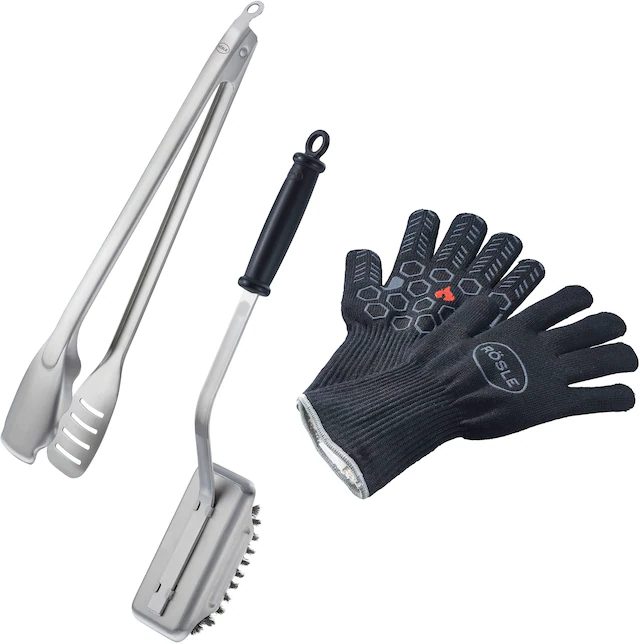 RÖSLE Grillbesteck-Set »BBQ Premium« Grillhandschuhe, BBQ-Grillzange und Reinigungsbürste SlideX
