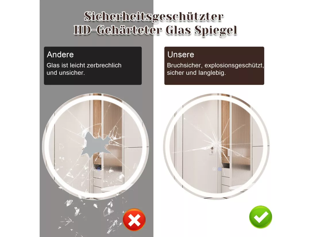 NETTLIFE Miroir lumineux salle de bain - Rond 50 cm LED, mural, interrupteur tactile, antibuée, IP44, réglable 3000K-6500K