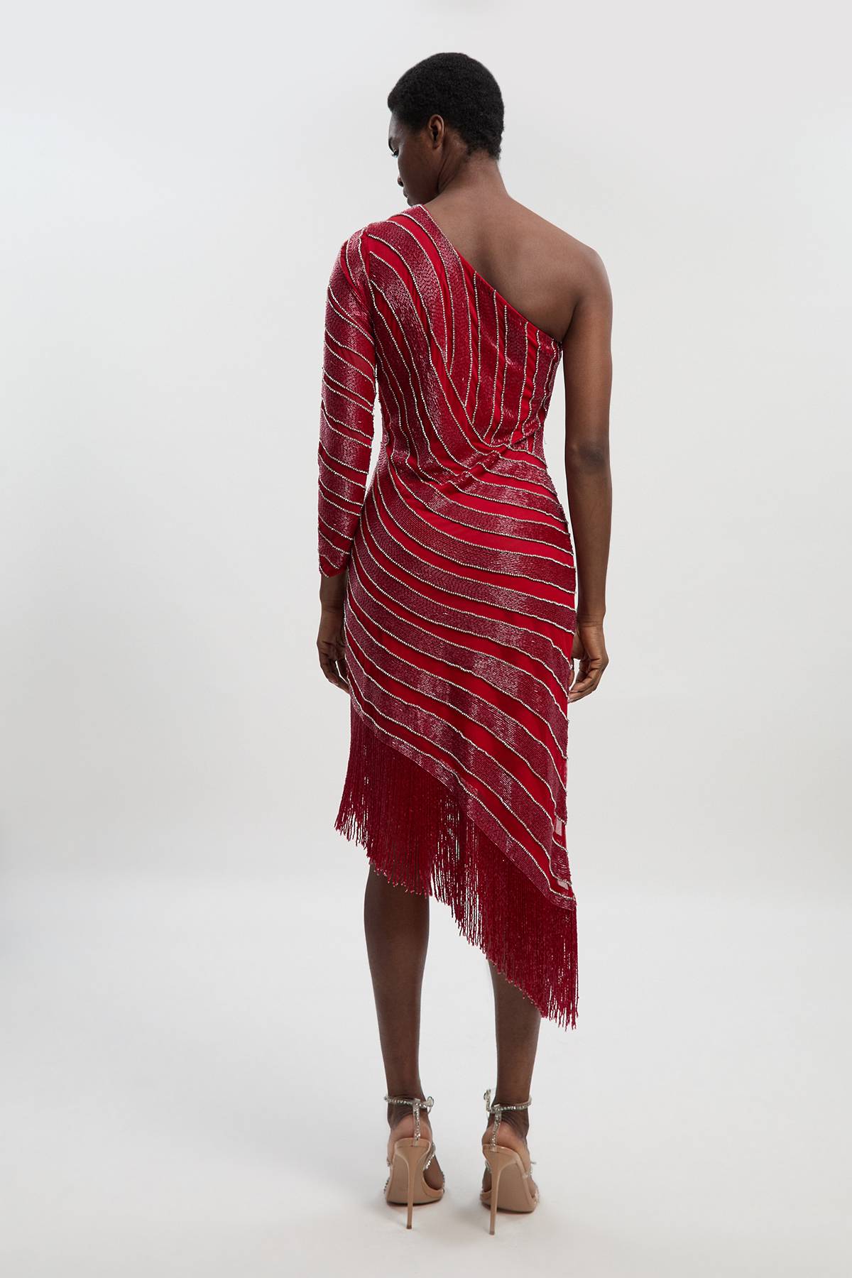 KarenMillen Robe Midi Tissée à Franges avec Fente Haute et Ornements