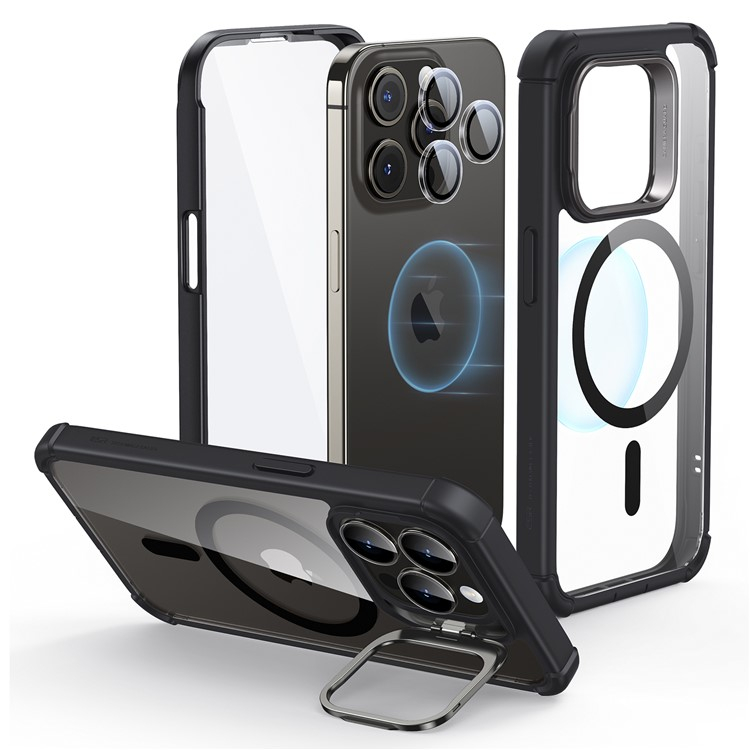 iPhone 15 Pro Magnetic Series Full Protective MagSafe Hülle mit Displayschutz   Kickstand - Schwarz / Transparent