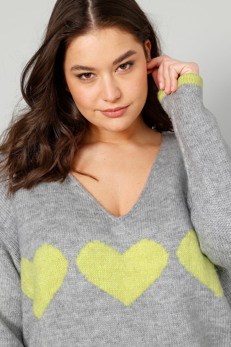 Pullover, oversized, Herzen, V-Ausschnitt, Langarm