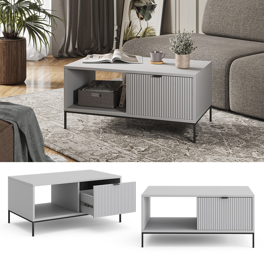 Vicco Couchtisch Eliza 90 x 50 cm, Grau, moderner Wohnzimmertisch mit Schublade