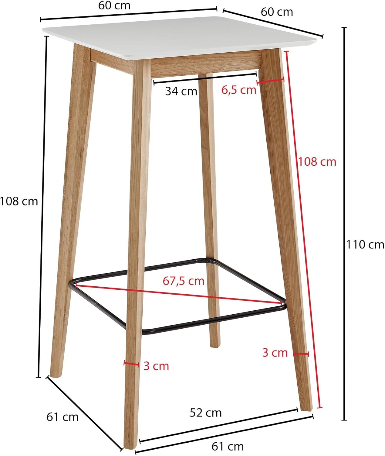FineBuy Stehtisch 60x110x60 cm Weiß, Bartisch für 4 Personen, Moderner Tisch für Bar, Design Partytisch Holz, Hochtisch Eiche Skandinavisch