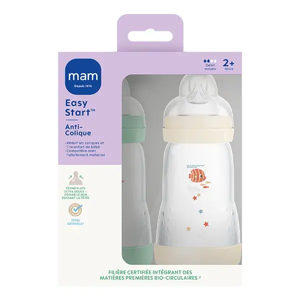 Bolsa para mamadeira Mam Classic 260ml Menta + Bico de algodão Flow 2 (2 unidades de 260ml)