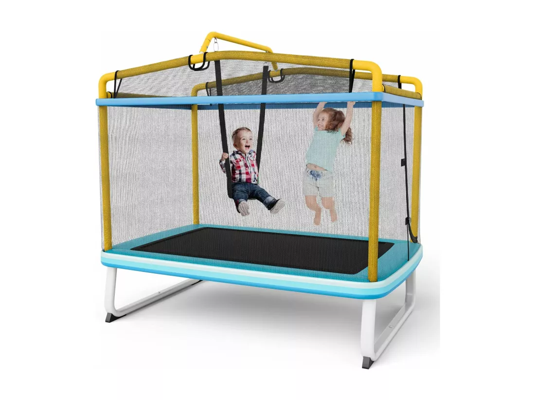 3 en 1 Trampoline Extérieur Enfants Rectangulair (190x124cm) avec Balançoire & Barre Horizontale, Trampoline de Jardin avec Filet de Sécurité, Charge Max 110kg, Jaune