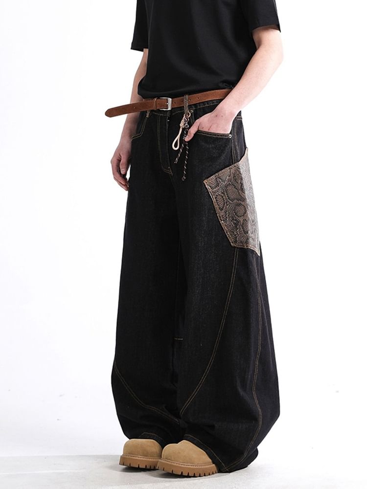 Adotuiastic - Mid Rise Snakeskin Print Patchwork Wijde Pijpen Jeans