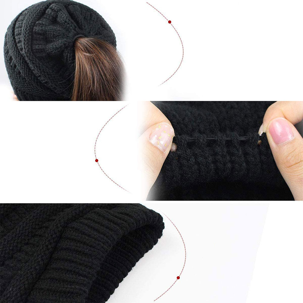 Damen Strickmütze mit Zopfloch Winter Mütze für Pferdeschwanz   Zöpfe (One Size) - Weiss